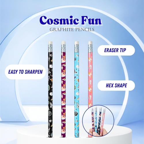 Image of Cosmic Fun Pencils (100) | Super Fun Unicorn & Space Cartoon Theme Dark Lead Pencils for Kids | HB Writing Pencils for Girls & Boys | School & Return Gift Stationery.