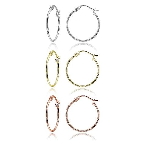 3 Pair Set Sterling Silver, Yellow and Rose Gold Flashed Small 20mm High Polished Round Thin Lightweight Unisex Click-Top Hoop Earrings Cover
