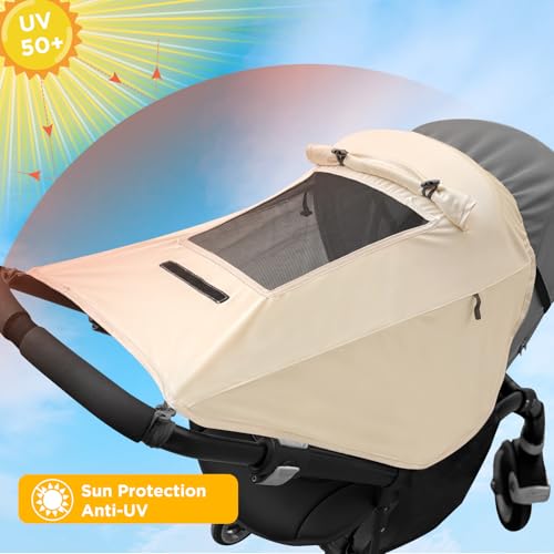 WD&CD Kinderwagen Sonnensegel, Premium Sonnensegel für Kinderwagen mit UV Schutz 50 +, mit Sichtfenster und extra breite Schattenflügel, hell-Khaki