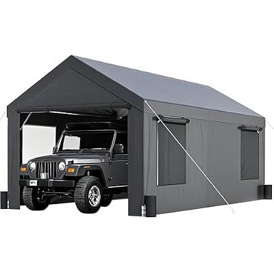 Auraway Carport 12'x20' All-Season Portable Garage Carport, Heavy-Duty Canopywith Roll-Up Vent Windows, Front and Rear Zip Doors, Sandbags, for Cars, Motorcycles and Outdoor Storage (Grey)