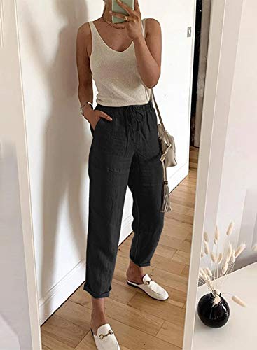 Acelitt Womens Casual Pants Capris Drawstring Elastic Waist Comfy Trousers With Pockets Black X-Large #TOP4