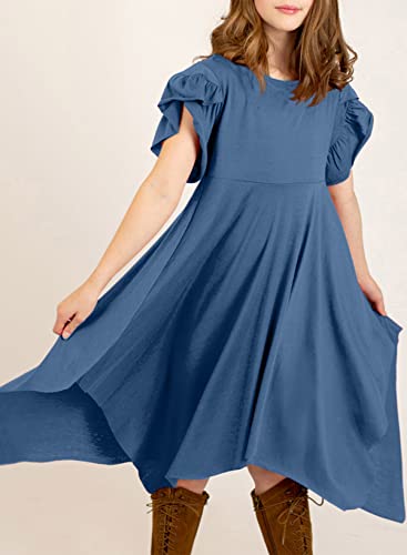 Blibean Girl Short Sleeve Dresses Summer Solid High Low Dress Tween Kid Boho Outfits Swing Clothes Blue Size 8-9 Years Old #TOP4