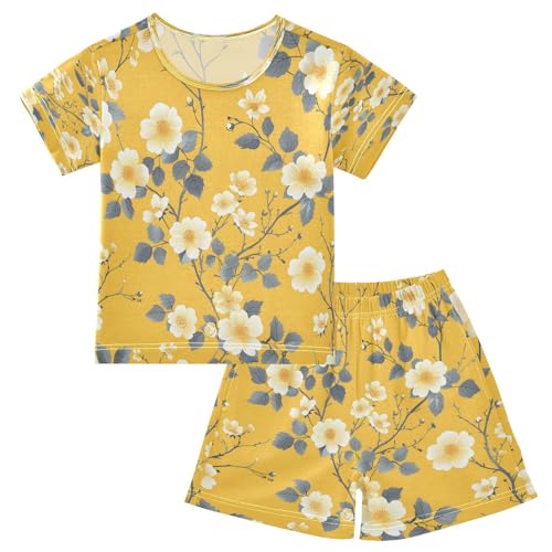 senya Short Sleeve Pajamas Sets Summer Cotton Sleepwear White Yellow Leaves Flower
