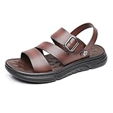 Finishing & Sewing Men's Leather Comfort Sandals, Adjustable Buckle Strap, Brown, Cushioned Platform Sole (Brown, Adult, Men, 10.5, Numeric, US Footwear Size System, Medium)