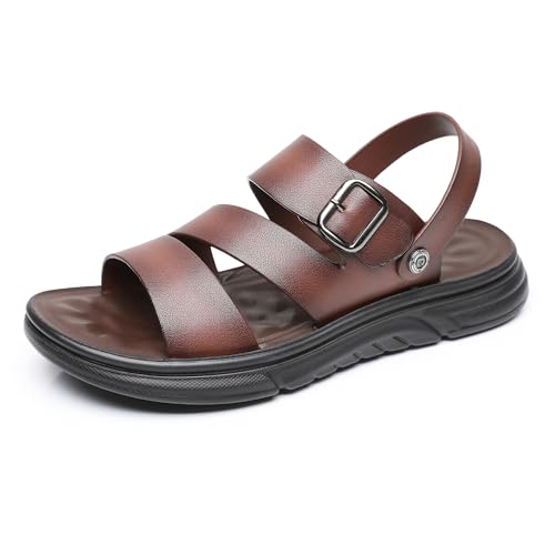 Finishing & Sewing Men's Leather Comfort Beach Sandals with Adjustable