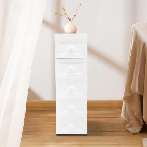 Cassettiera su ruote, armadietto laterale a 5 cassetti, armadietto da bagno, impermeabile, armadietto sottile per cassetti, 34 × 25 × 82 cm, per giocattoli per bambini, ufficio, soggiorno