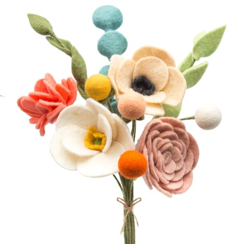 Glaciart One Wool Felt Flowers Set Handcrafted Artificial Arrangement with Colorful Stems Eco-Friendly Material Essential Oil Ready Reusable Decor Washable Gift for Events or Home