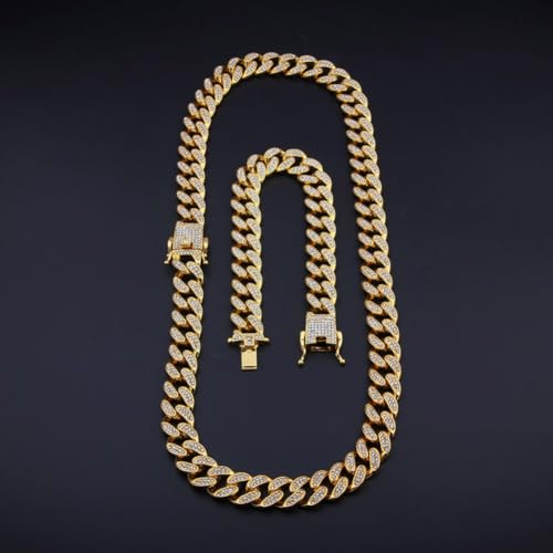 2 Pcs Cuban Link Chain for Men Women Fake Diamond Chain Necklace Silver Gold Iced Out Chain Miami Cuban Link Bracelet Men Hip Hop Jewelry Gift3