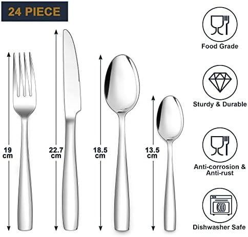 Cutlery Set, Joyfair 24 Pieces Stainless Steel Silverware Set, Flatware Set with Spoon/Knife/Fork Server for 6 People, Elegant Design & Mirror Polished, Dishwasher Safe