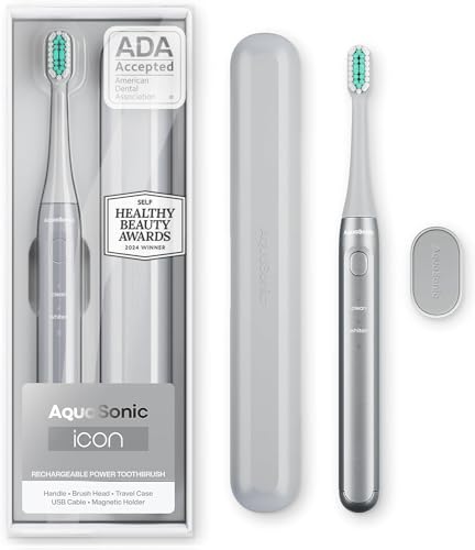 Image of Aquasonic Icon ADA-Accepted Rechargeable Toothbrush | Magnetic Holder & Slim Travel Case | 2 Brushing Modes & Smart Timers | Gentle Micro-Vibrations (Stone)