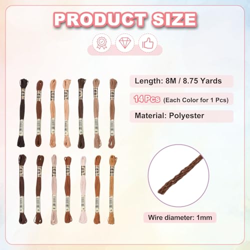 Image of PATIKIL 14 Skeins Embroidery Floss, Polyester Embroidery Threads Bracelets String for Cross-Stitch Hand Embroidery, Multicolored Red Brown