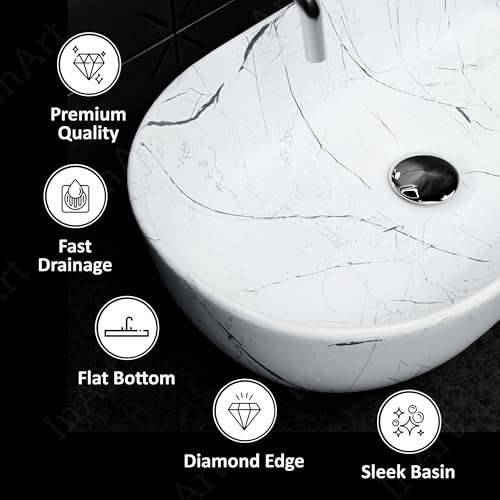 Image of InArt Table Top Wash Basin For Bathroom | Over Counter Top Wash Basin For Living Room | Washbasin Countertop | Tabletop Ceramic Bathroom Kitchen Sink (55 x 35 x 14 CM) (White - Marble Design)