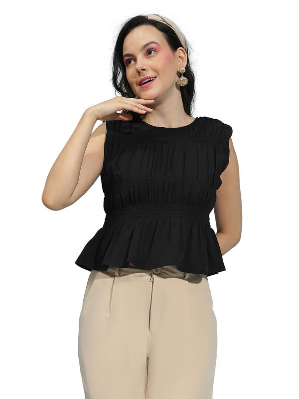oxolloxo Women Round Neck Smocked Sleeveless Cotton Top-picture-55