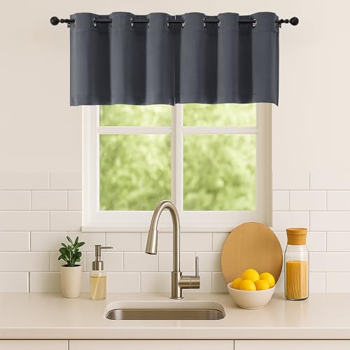 Image of Simplebrand Grey Kitchen Valances for Windows 18 Inches Long 2 Pack, Room Darkening Window Valances for Living Room, Grommet Short Straight Drape Kitchen Curtains for Bedroom Kids Room, 40Wx18L