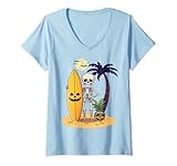 Photo Gallery donna skeleton surfer halloween beach divertente vibrazioni tropicali maglietta con collo a v Photo Gallery donna skeleton surfer halloween beach divertente vibrazioni tropicali maglietta con collo a v