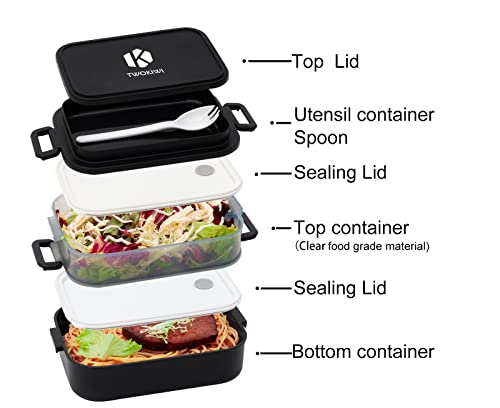 Twokiwi Bento Box Adult Lunch Box – Lunch Containers For Adults – 7 Cup Bento Lunch Box With 3 Compartments & Fork, Microwave,Dishwasher & Freezer Safe (Classic Black) #TOP1