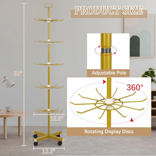 Image of Retail Display Stand 5 Tier Metal Spinning Display Rack with Wheels Keychain Jewelry Stocking Hat Display Stand with Hooks for Malls, Showroom, Retail Store (Gold)