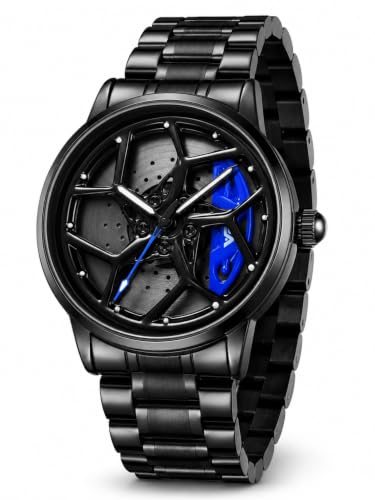 Image of V2A Men's Analog Automotive Inspired Wheel Rim Design Wrist Watch | Stainless Steel Bracelet| Quartz Movement | 30M Water Resistant | Premium Black Metal Strap Watch for Men | Casual & Formal