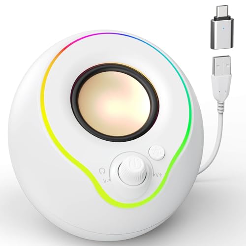 LENRUE USB Computer Speakers, Laptop Speakers, Plug Play, Loud and Clear Sound, Easy Access Volume Konb, with Type C Adapter, Colorful Lights, for Desktop, PC, Laptop, Phone (USBWhite)