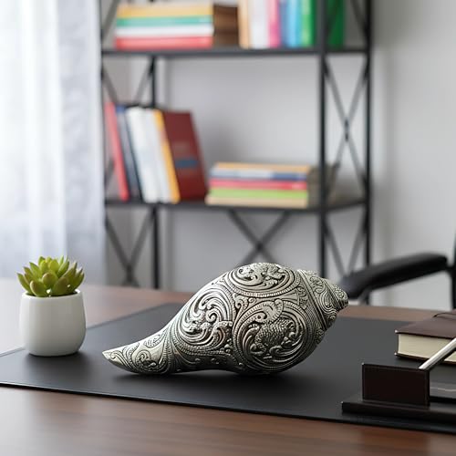 Image of Silver Plated Vishnu Lakshmi Shankh - 7 Inches Antique Finish Decorative Conch Shell with Detailed Religious Engravings - Auspicious Vastu Pooja Item for Home Mandir - Ideal Spiritual Gift