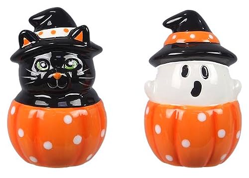 The Bridge Collection Black Cat and Ghost in Pumpkins Salt and Pepper Shaker Set - 2 Piece Set - Halloween Kitchen Items - Fun Salt and Pepper Shakers for Halloween Decor