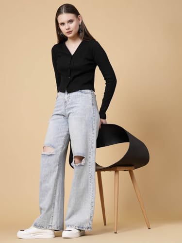 Image of Rigo Casual Wear V Neck Rib Knit Top for Women | Slim Fit Long Sleeves Western Tops for Women