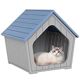 LHBcraft Cat House Outdoor Indoor, Sturdy Waterproof Plastic Cat House for Small to Medium Sized Cats, Resin Cat Shelter with Air Vents, Easy Clean and Assemble, Grey (Blue-22.4