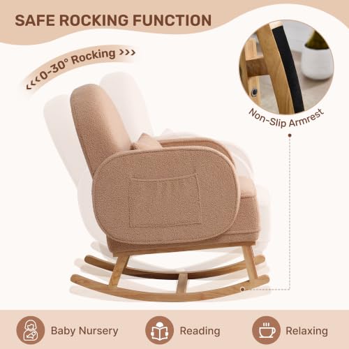 Image of HCHAIRH Rocking Nursing Chair with Ottoman, Upholstered Glider Rocker Armchair with Side Pocket and High Backrest, Comfy Reading Chair with Solid Wood Legs for Nursery, Living Room,Bedroom, Coffee