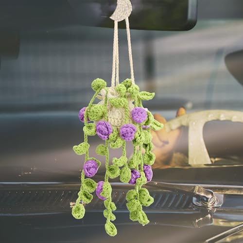 Image of Crochet Car Air Freshener Hanging, Cute Rear View Mirror Accessories Car Fresheners for Women, Handmade Car Hanging Accessories Car Air Freshener Diffuser, Purple Rose