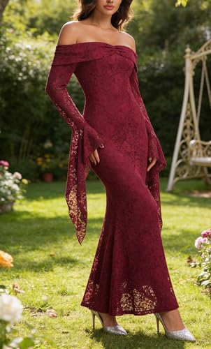 Image of Cercis Womens Off Shoulder Lace Maxi Wedding Dress Boho Flowy Wedding Guest Formal Long