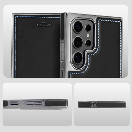 Image of PULOKA Chrome Leather Back Case - Compatible with Samsung Galaxy S23 Ultra - Luxury Bumper Case - Flexible Vegan Leather - Electroplated Sides - Full Camera Protetection & Raised Edges - Black