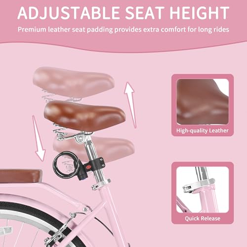 Image of 24 /26 Inch Folding Beach Cruiser Bike for Women, 7-Speed Foldable Bicycle with Basket & Cup Holder, Adult Commuter Bike with Adjustable Seat, Dual V-Brake System