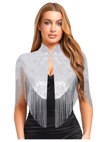 Womens 1920s Sequined Shawl Wraps Sparkly Glitter Fringed Wedding Cape for Evening Party3