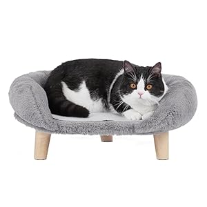 GIOPACO Elevated Pet Bed, Cat Dog Stool Bed with Sturdy Wood Legs Pet Chair, Plush Pet Bed, Round Warm Cuddler Kennel Soft Puppy Sofa for Small Dog Kitten, Relief and Improved Sleep (Grey)