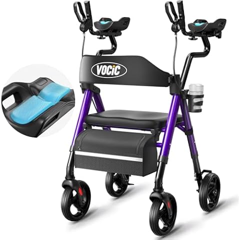 VOCIC Walkers for Seniors, Upright Walker with Adjustable Armrests, Z22 GelCool Stand Up Walker with Ergo Seat & Backrest, 8" All Terrain Rollator with 300lb,Cup& Cane Holder Cover