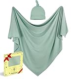 LUBELLA SUPPLY COMPANY Stretchy Swaddle Blankets for Baby Boy & Girl - Newborn Swaddles 0-3 Month - Large 47' Bamboo Swaddle Blankets and Hat Set (Sage Green)