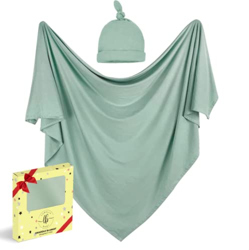 Image of LUBELLA SUPPLY COMPANY Stretchy Swaddle Blankets for Baby Boy & Girl - Newborn Swaddles 0-3 Month - Large Swaddle Blankets and Hat Set (Sage Green)