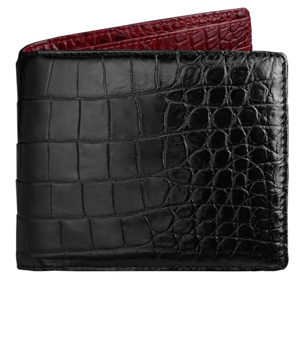 Image of HATA Black Red Bifold Leather Wallet for Men, Exotic Double-Sided Leather Wallet with RFID Blocking & ID Window Credit Card Holder, Handmade Gift for Birthday, Anniversary, Father's Day VILE-212