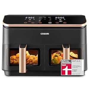 COSORI Heißluftfritteuse 2 Kammern, Testsieger der Stiftung Warentest, 6-in-1 Dual Zone Airfryer 8,5 L, Doppelkammer mit Sichtfenster für vollständige Mahlzeit, Gold
