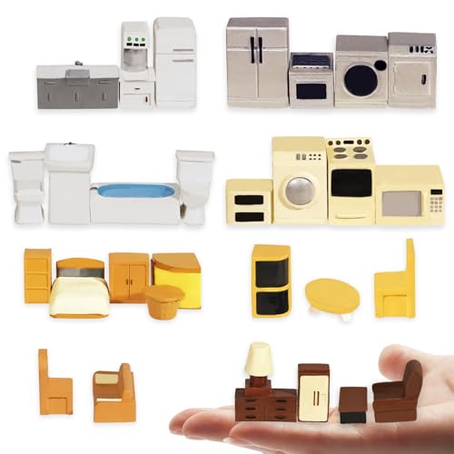 Hiawbon 31PCS Miniature Furniture Set, 1:48 Scale Resin Miniature Accessories and Furniture, Kitchen Bathroom and Living Room Set, Miniature Furniture Kit for Fairy Garden Home Decor