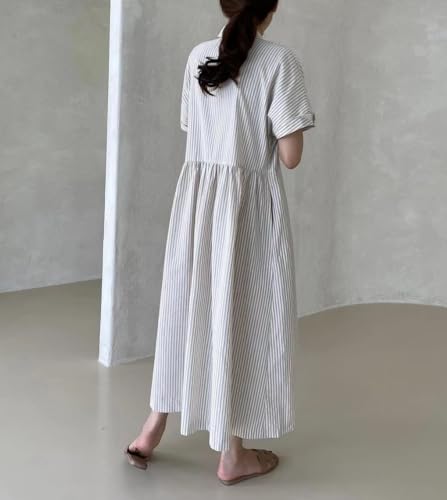 Image of chouyatou Women's Cotton Striped Shirt Dress Button Up Short Sleeve Midi Long Shift Dress with Pockets