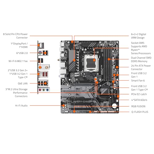 Image of GIGABYTE B650 UD AX (rev. 1.0) AMD AM5 ATX Motherboard, Support Ryzen 9000 /8000 /7000 Series, DDR5, 6+2+2 Power Phase, PCIe 5.0 M.2, USB-C 3.2 Gen 1, WIFI6, GbE, EZ-Latch, Q-Flash, RGB Fusion
