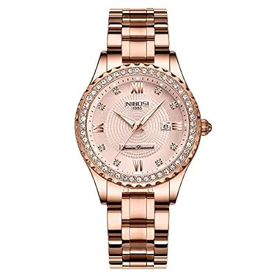 NIBOSI Orologio da polso da donna, al quarzo, analogico, quadrante in oro rosa, lusso impermeabile, con diamanti, in acciaio inossidabile, orologio automatico con data per donne, Oro rosa