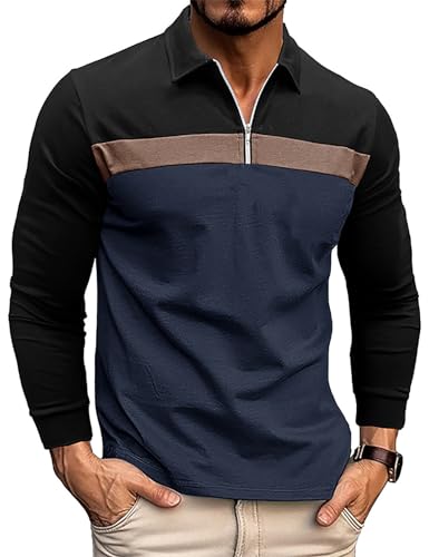 Volemo Men's Zip Polo Shirt Long Sleeve Raglan Style with Contrast Colors Golf Rugby Shirt Black Blue L