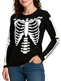 URBAN BUCK Women Halloween Skeleton Shirt Casual Rib Cage Graphic Long Sleeve Black Costume Top (M)