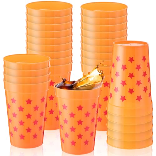 Widecook 24 Pcs Anime Theme Party Cups 12 oz Orange Plastic Cups with Red Stars Print, Reusable Tumbler for Boy and Men Anime Themed Party Decoration Supplies