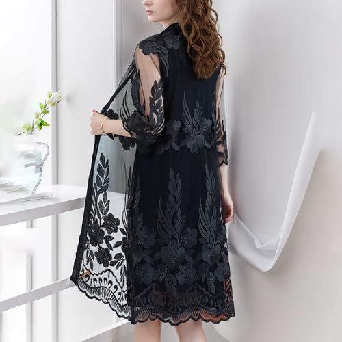 FindThy Women’s Floral Lace Embroidery Cardigan 3/4 Sleeve Sheer Mid-Long Coat Kimono Coverups2