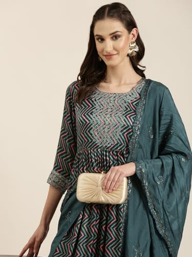 Image of SHOWOFFFF Women Printed Three-Piece A-Line Ethnic Kurta Set | Round Neck 3 /4th Sleeves Satin Kurta Set's for Womens | Mid-Rise Lime Regular Fit Calf Length Kurta Set for Women's