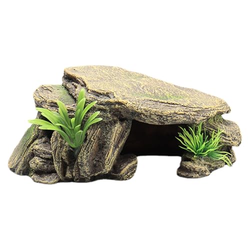 Cachette de reptile avec plate-forme de prélassement, 9,5 x 16 x 6,5 cm, cachette réaliste en résine pour reptile, terrarium, décoration d'aquarium pour...