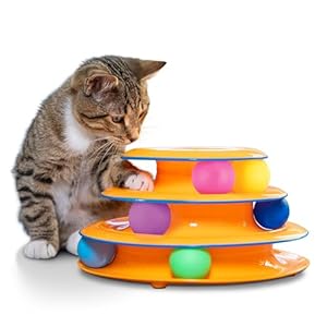 Catstages Tower of Tracks – 3-Level Interactive Cat Toy with 6 Spinning Balls, Non-Slip Base, Ideal for Indoor Cats, Orange